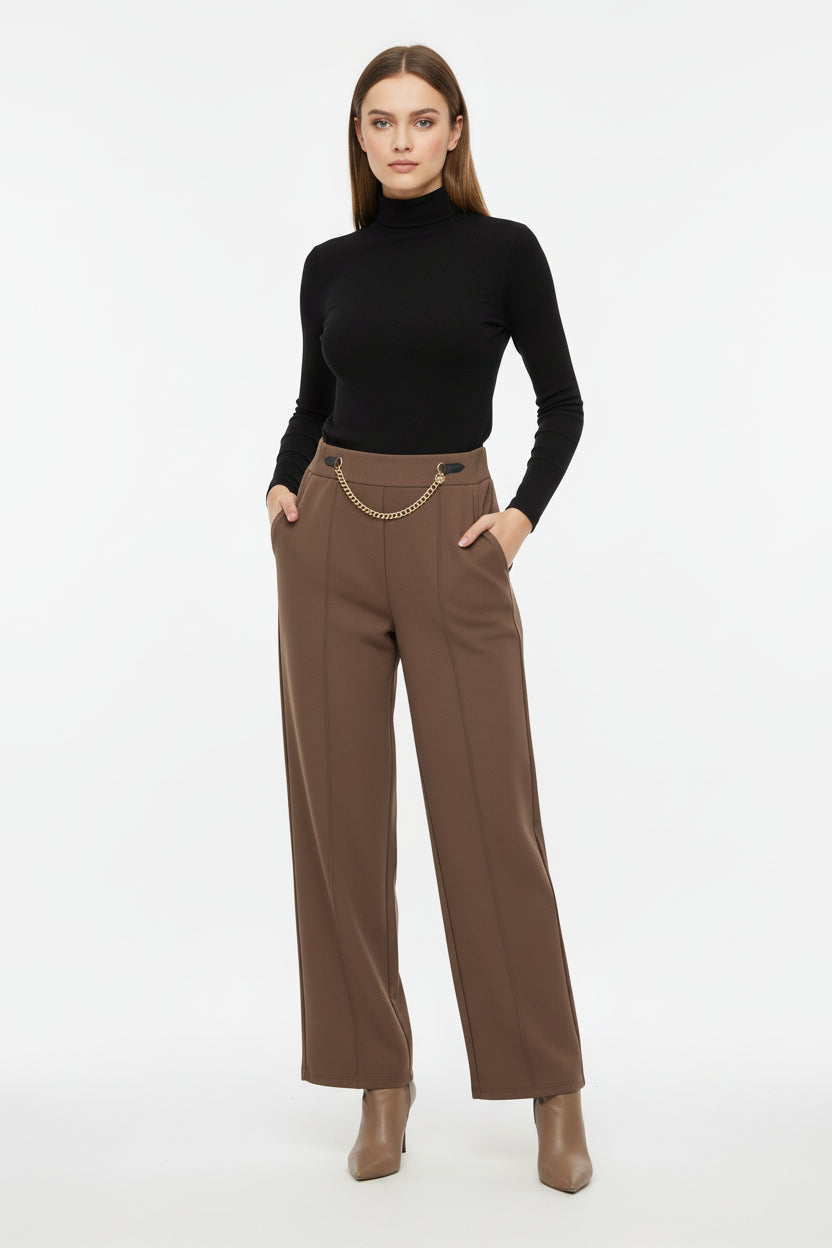 High-Waisted Tailored Trousers with Gold Chain Detail