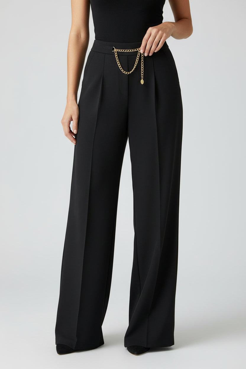 High-Waisted Tailored Trousers with Gold Chain Detail