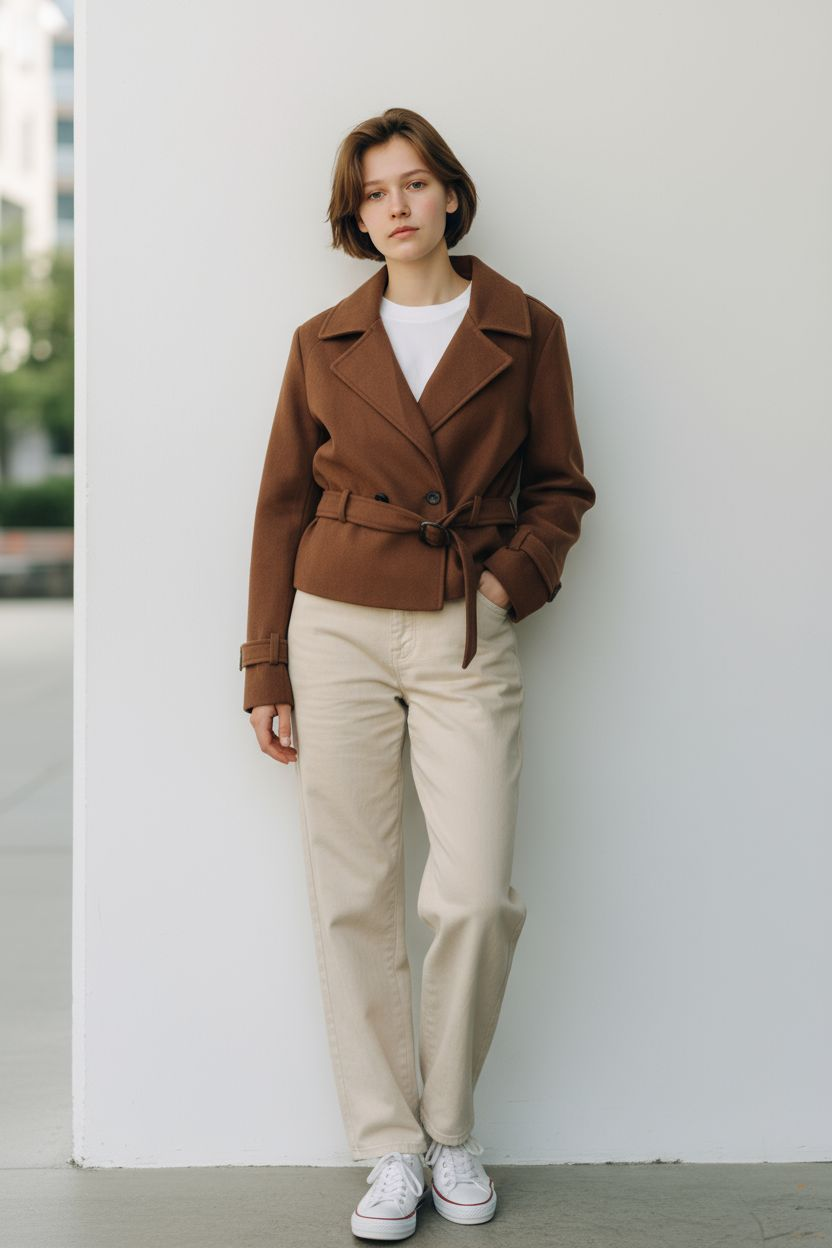WOMEN'S LAPEL COLLAR BELTED CROPPED FLEECE JACKET