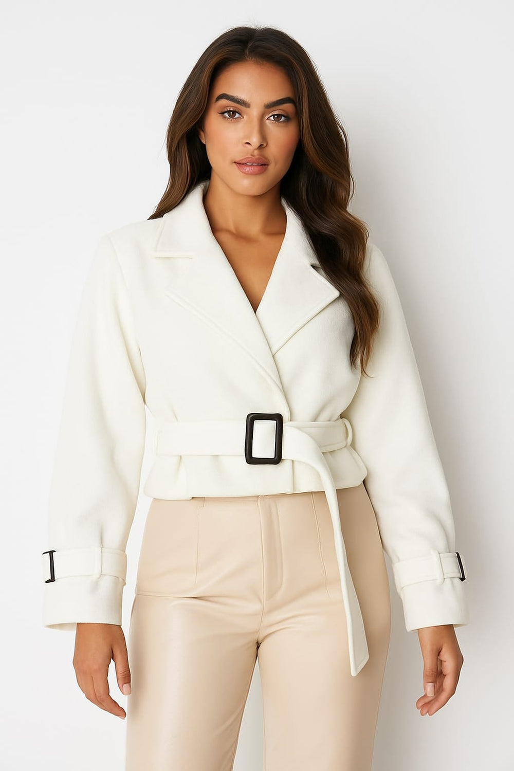 WOMEN'S LAPEL COLLAR BELTED CROPPED FLEECE JACKET
