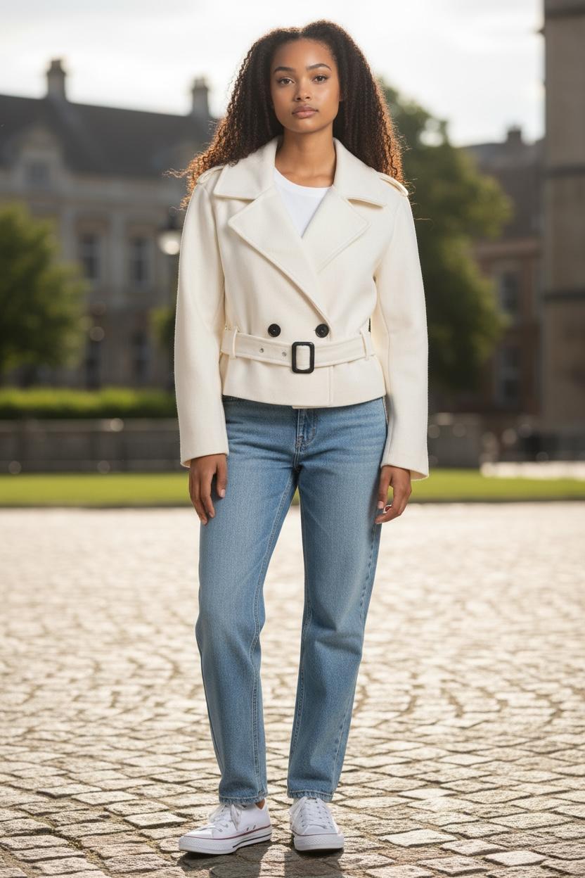 WOMEN'S LAPEL COLLAR BELTED CROPPED FLEECE JACKET