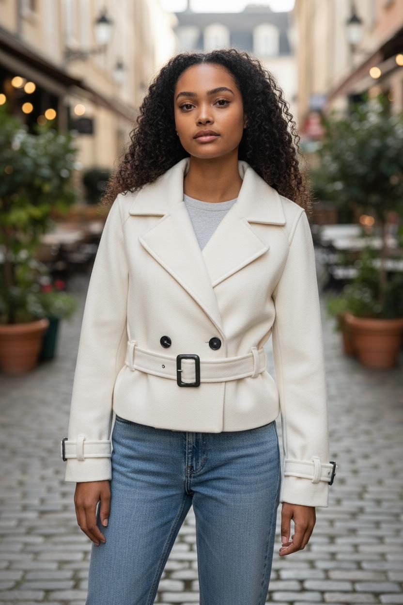 WOMEN'S LAPEL COLLAR BELTED CROPPED FLEECE JACKET