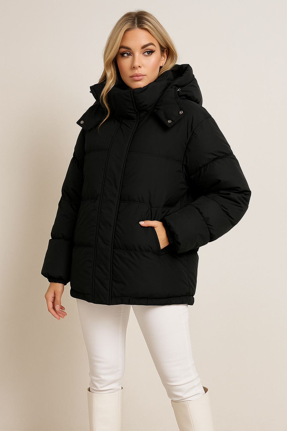 WOMEN'S RELAXED FIT HIP LENGTH PADDED HOODED PUFFER JACKET
