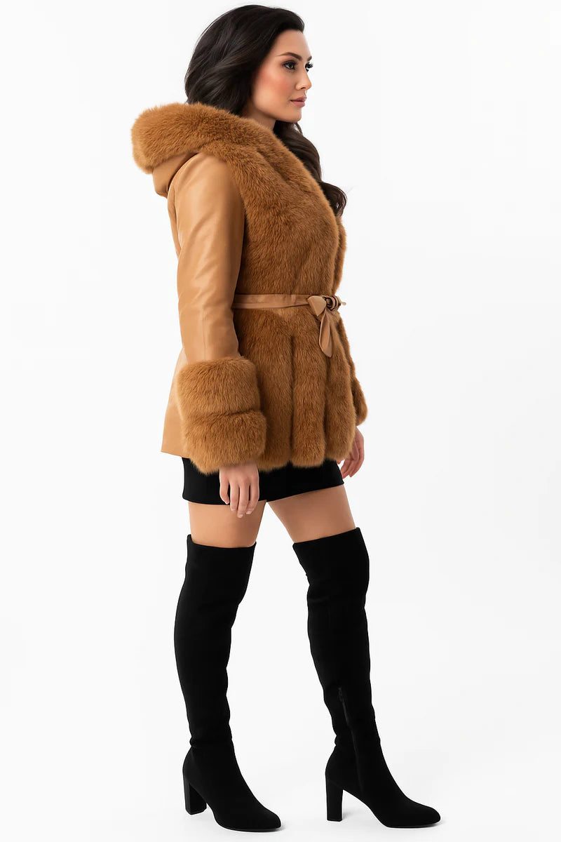 Women's Faux Fur Trim And Vegan Leather Hooded Belted Fleeced Lining Jacket
