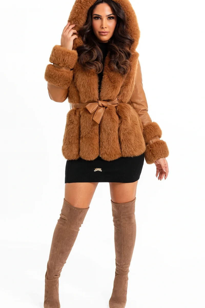 Women's Faux Fur Trim And Vegan Leather Hooded Belted Fleeced Lining Jacket