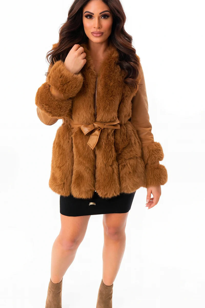 Women's Faux Fur Trim And Vegan Leather Hooded Belted Fleeced Lining Jacket