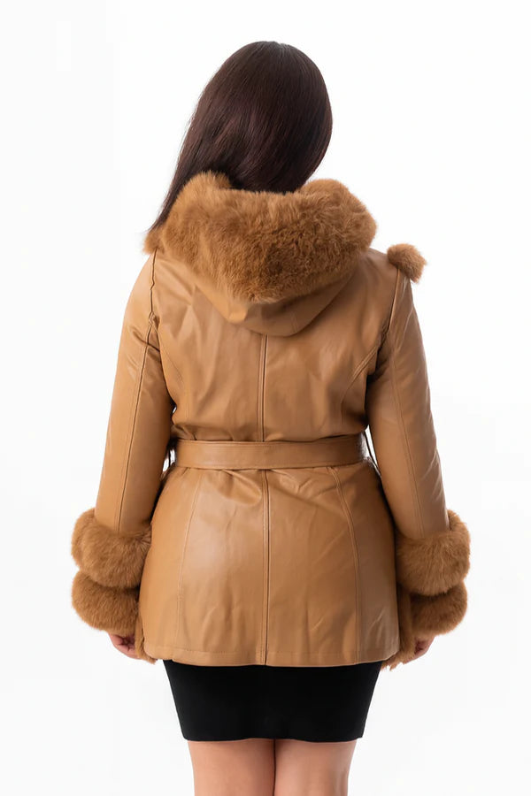 Women's Faux Fur Trim And Vegan Leather Hooded Belted Fleeced Lining Jacket